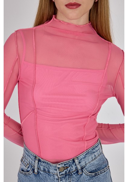 Pembe Dikiş Detaylı Uzun Kollu Tül Bluz 233163