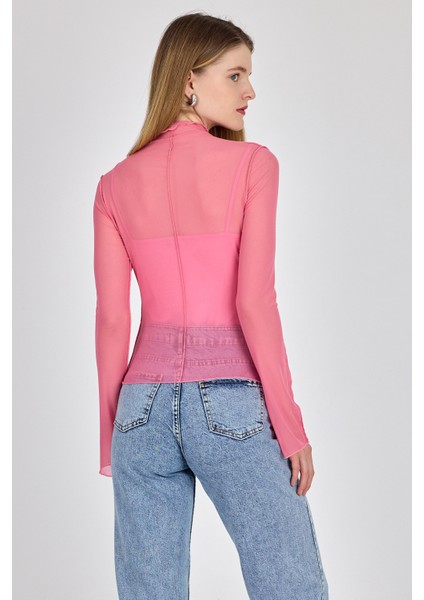 Pembe Dikiş Detaylı Uzun Kollu Tül Bluz 233163