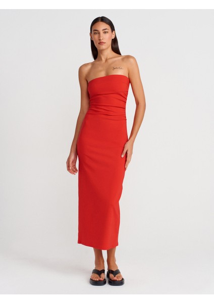 91368 Straplez Midi Elbise-Kırmızı