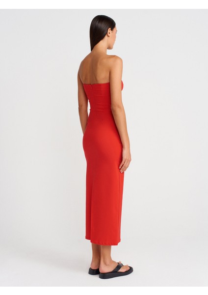 91368 Straplez Midi Elbise-Kırmızı