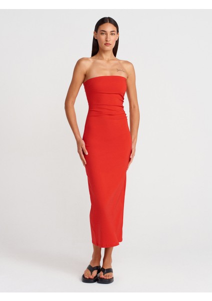 91368 Straplez Midi Elbise-Kırmızı