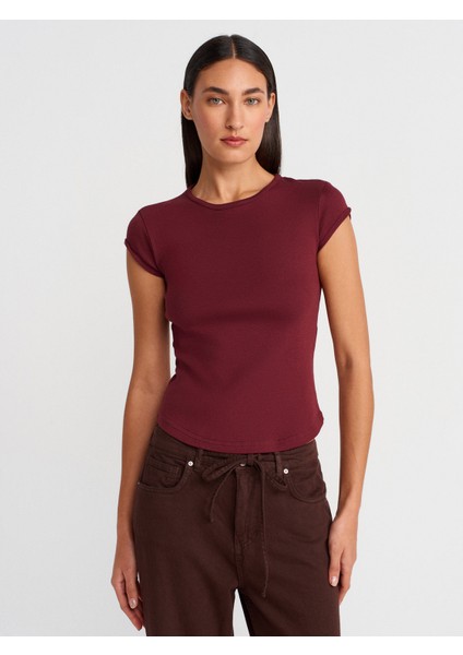 31779 Bisiklet Yaka Basic T-Shirt-Açık Bordo