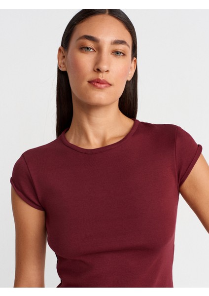 31779 Bisiklet Yaka Basic T-Shirt-Açık Bordo modelleri