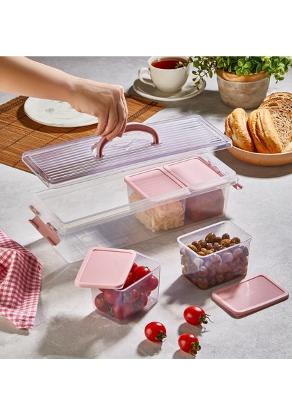 Pembe 4'lü Kahvaltılık ve Baharatlık Organizeri, 1 Dış Kutuyla, 4 İç Kutu, 3,5 Lt + 4x500 ml