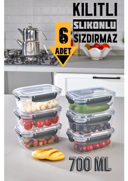 6'lı gri hava almaz, sızdırmaz, kilitli saklama kabı seti, 700 ml