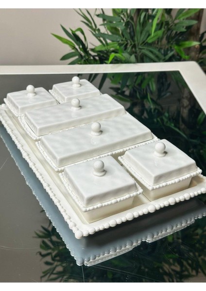 Beyaz Porselen 6'lı Kapaklı Kahvaltılık Sunum ve Saklama Seti