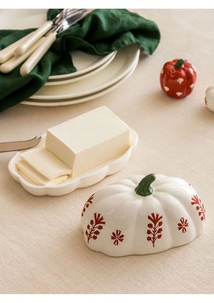 Ekru bal kabağı figürlü seramik tereyağlık, şık ve kullanışlı 18 cm, 2'li set