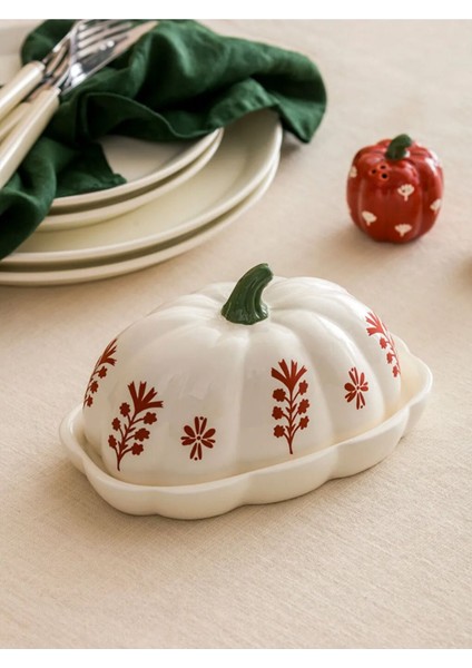 Ekru bal kabağı figürlü seramik tereyağlık, şık ve kullanışlı 18 cm, 2'li set fiyatları
