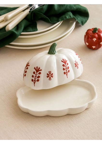 Ekru bal kabağı figürlü seramik tereyağlık, şık ve kullanışlı 18 cm, 2'li set modelleri