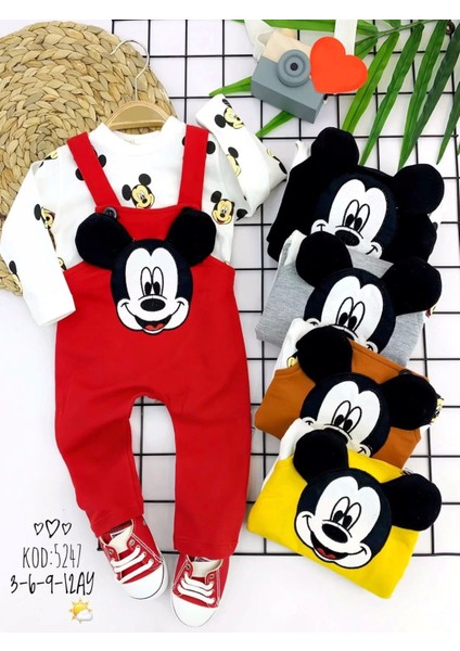 3-6-9-12 Ay Mickey Figürlü Uzun Kollu Baskılı Sweatli 2li Kız Erkek Bebek Salopet Takımı Kırmızı
