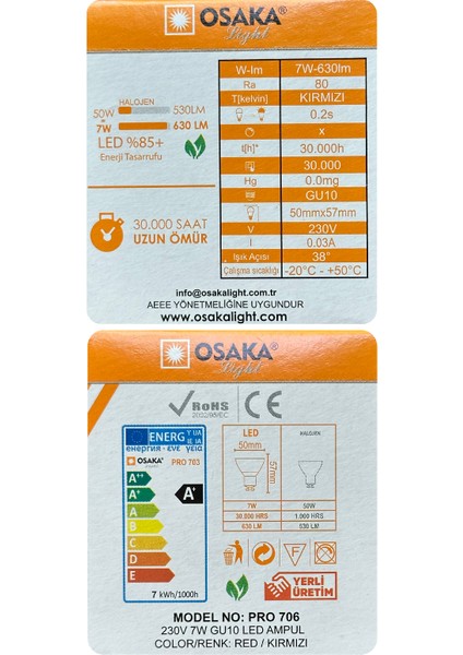 (6 Adet) Osaka 7W Kırmızı Işık GU10 Duylu Led Çanak Ampul fırsatları