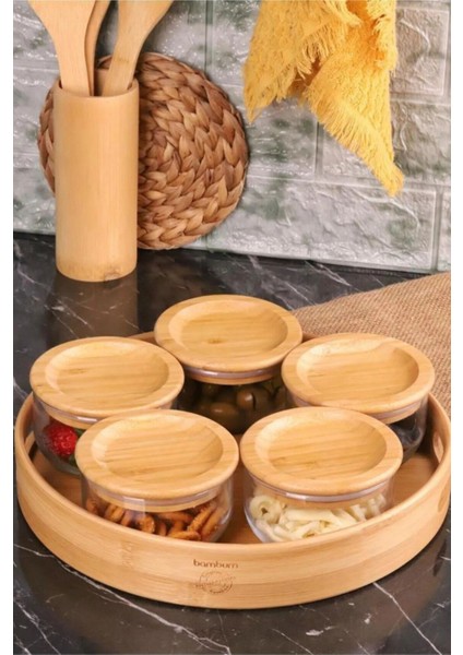 5'li Bambu Kapaklı Cam Kahvaltılık Seti, 300ml, şık ve kullanışlı tasarım
