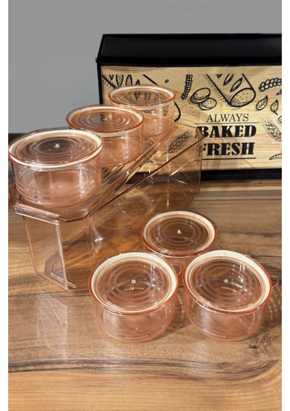 Pembe 7 Parça Kahvaltı Seti, Kapaklı Saklama Kabı ve Reçellik, Şık ve Fonksiyonel