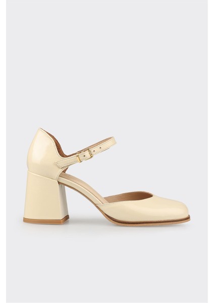 Ekru Deri Kadın Topuklu Ayakkabı
