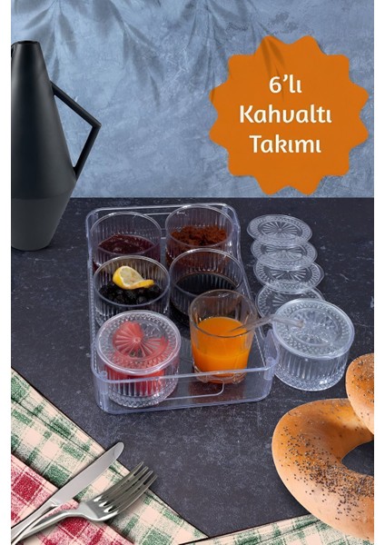 6'lı Kapaklı Kahvaltılık Seti, Akrilik Yuvarlak Tepsi ve Renkli Parçalar