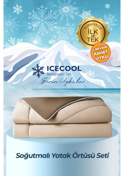 Icecool Soğutmalı Yatak Örtüsü Seti Çift Kişilik Yumuşak 3 Parça Hafif Rahat Çift Taraflı Bej Kahve