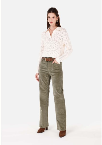 Regular Fit Yüksel Bel Geniş Paça Kadın Yeşil Pantolon