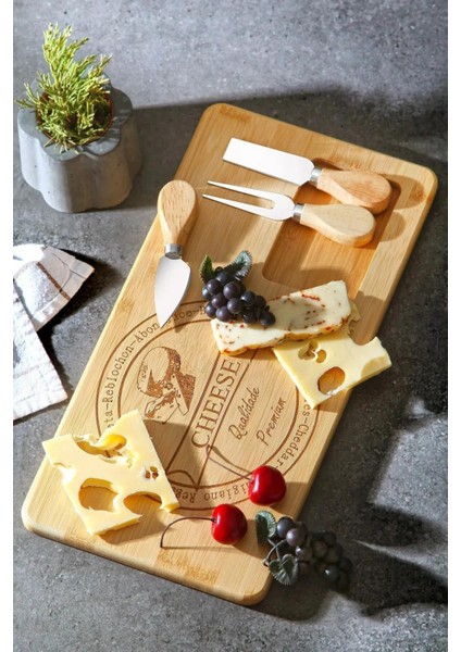 Doğal bambu peynir sunum seti, şık ve kullanışlı, kahverengi renk seçeneğiyle.