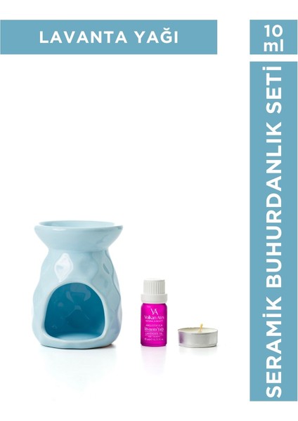 Seramik Buhurdanlık Seti Açık Mavi Renk + Lavandula Angustifolia Saf Lavanta Yağı 10 ml + Mum