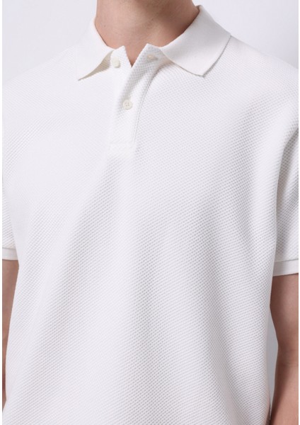 Regular Fit Polo Yaka Jakarlı Erkek Beyaz Kısa Kol Tişört fırsatları