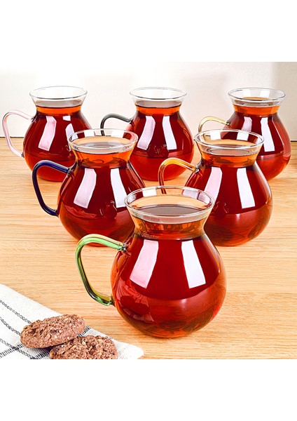 6'lı Renkli Kulplu Borosilikat Cam Çay Bardağı Seti - Kulplu Tombul Cam Bardak 200 ml
