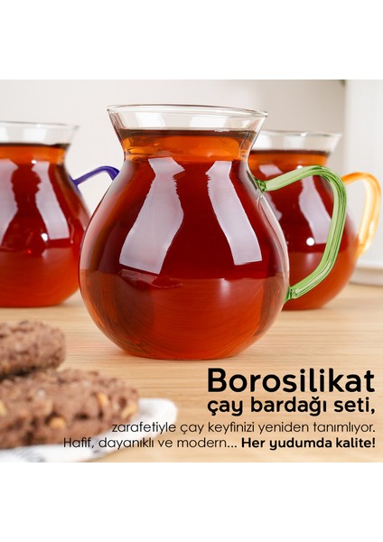 6'lı Renkli Kulplu Borosilikat Cam Çay Bardağı Seti - Kulplu Tombul Cam Bardak 200 ml fiyatları