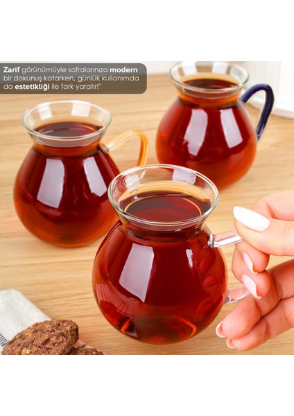 6'lı Renkli Kulplu Borosilikat Cam Çay Bardağı Seti - Kulplu Tombul Cam Bardak 200 ml modelleri