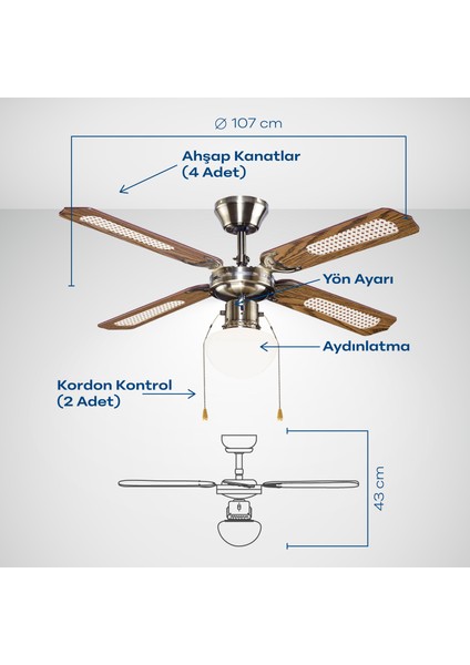 Tavan Vantilatörü 4 Kanat 107 cm Ahşap