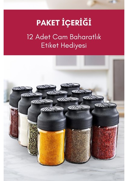 12'li Çift Kapaklı Cam Baharatlık Seti - Tuzluk Biberlik Baharatlık Takımı