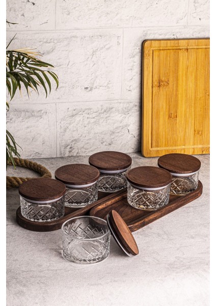 Şık 8'li cam kahvaltılık seti, vakumlu kapak, çok amaçlı, kahverengi, ahşap detaylı