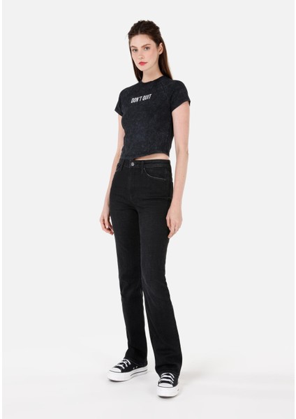 Slim Fit Yuvarlak Yaka Baskılı Kadın Antrasit Kısa Kol Tişört modelleri