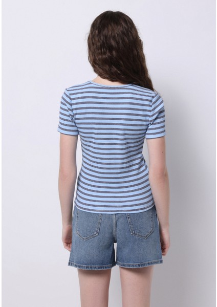 Slim Fit Yuvarlak Yaka Çizgili Kadın Mavi Kısa Kol Tişört fiyatları