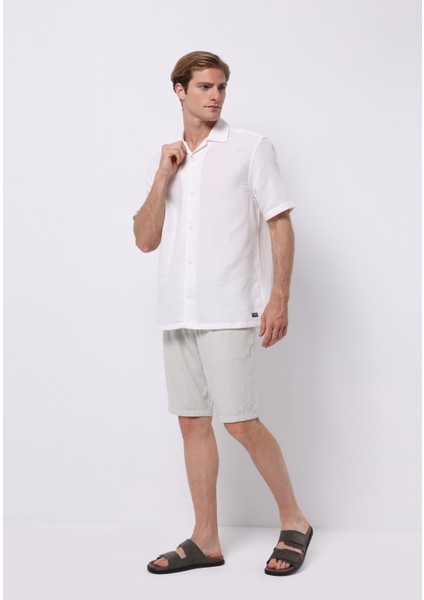 Comfort Fit Shirt Neck Jakarlı Erkek Ekru Kısa Kol Gömlek modelleri