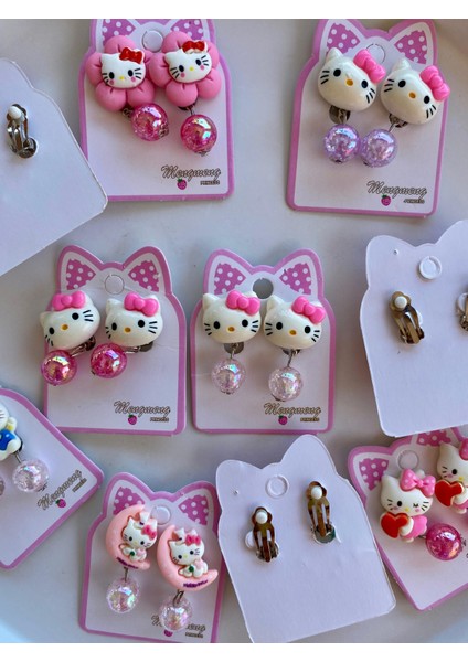 Kız Çocuk Hello Kitty Figürlü Arkası Sıkıştırmalı Delik Olmayan Kulaklar Için Boncuklu Küpe (2 Çift)