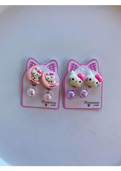 Kız Çocuk Hello Kitty Figürlü Arkası Sıkıştırmalı Delik Olmayan Kulaklar Için Boncuklu Küpe (2 Çift)