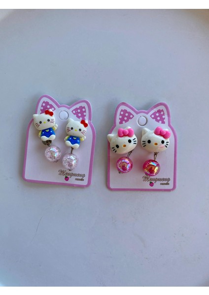 Kız Çocuk Hello Kitty Figürlü Arkası Sıkıştırmalı Delik Olmayan Kulaklar Için Boncuklu Küpe (2 Çift)
