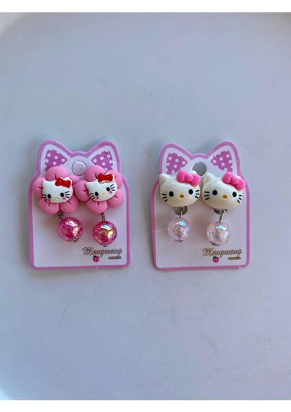 Kız Çocuk Hello Kitty Figürlü Arkası Sıkıştırmalı Delik Olmayan Kulaklar Için Boncuklu Küpe (2 Çift)