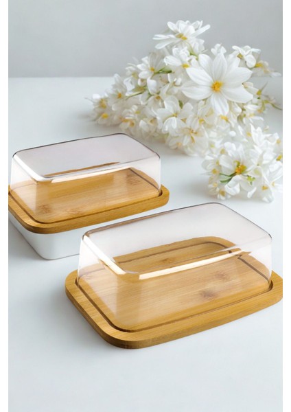 2'li Bambu Kapaklı Akrilik Tereyağlık ve Saklama Kabı, şık ve kullanışlı set, krem renk