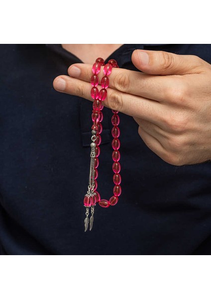 Gümüş Püsküllü Pembe Ateş Kehribar Tesbih