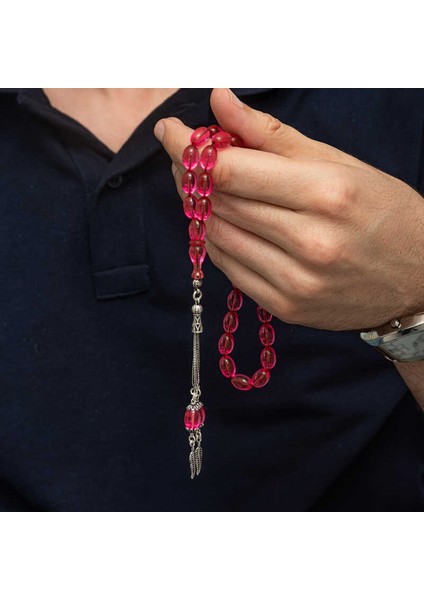 Gümüş Püsküllü Pembe Ateş Kehribar Tesbih