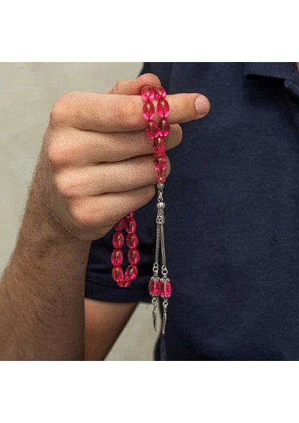 Gümüş Püsküllü Pembe Ateş Kehribar Tesbih