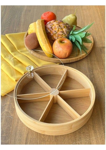 6 Bölmeli Bambu Kahvaltılık ve Çerezlik, Akrilik Kapaklı, Kahverengi, 20 cm