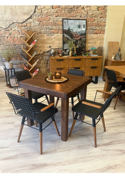 Pina Masif Ağaç Tel Sandalyeli Masa Takımı 85x85x+2sandalye
