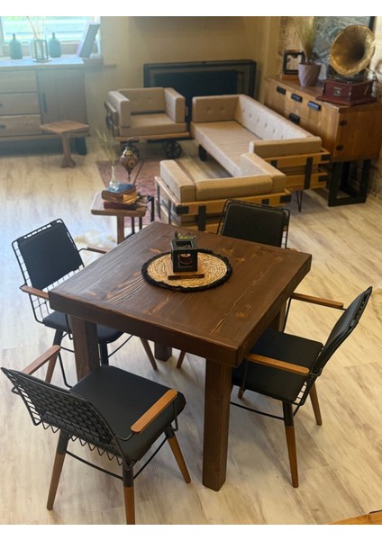 Pina Masif Ağaç Tel Sandalyeli Masa Takımı 85x85x+2sandalye