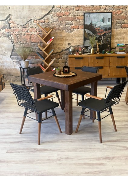Pina Masif Ağaç Tel Sandalyeli Masa Takımı 85x85x+2sandalye