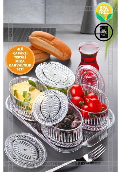 4’lü Akrilik Şeffaf Kapaklı, Tepsili Kahvaltılık Seti, Saklama Kabı, Beyaz, 1-5 Parça