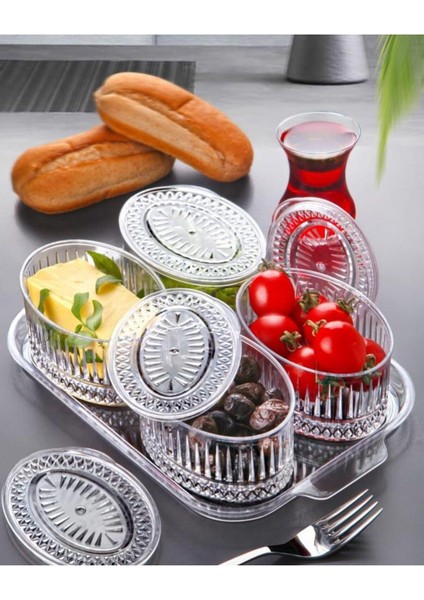4’lü Akrilik Şeffaf Kapaklı, Tepsili Kahvaltılık Seti, Saklama Kabı, Beyaz, 1-5 Parça