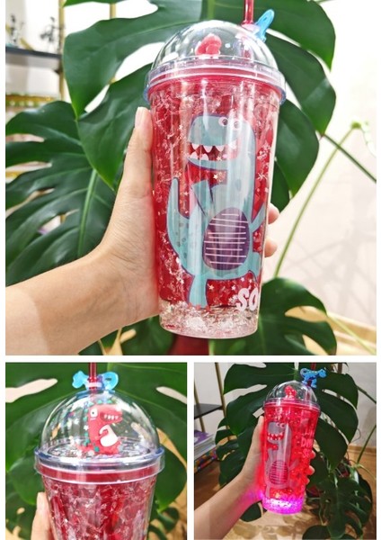 LED Işıklı Suluk Buzlu Cam Görünümlü Pipetli 450 ml Çift Katman Mika 2097 Kırmızı modelleri
