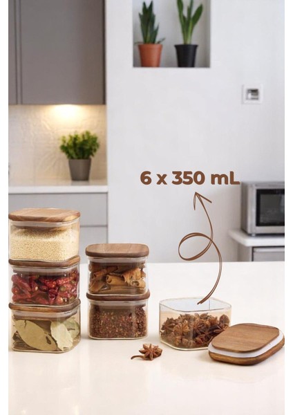 6'lı Vakumlu Kare Cam Kapaklı Set, 350 mL, Çok Amaçlı, Kahverengi, Parça Sayısı: 6-10