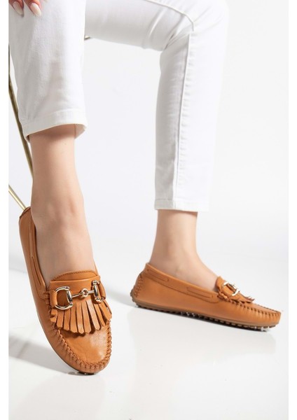 Kadın Hakiki Deri Tokalı Klasik Loafer - Taba